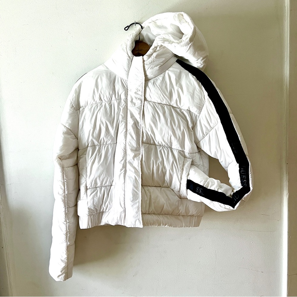 Guess White Hooded Puffer Jacket with Black Stripe